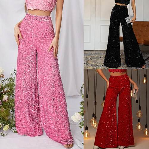 High waisted slim pants for women, sequined wide leg pants