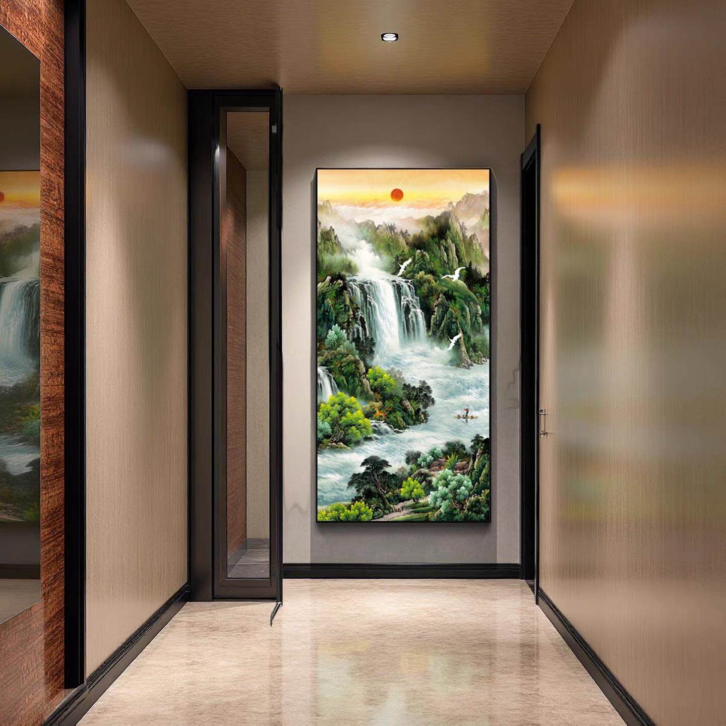 流水生财玄关装饰画靠山图八方来财旭日东升东墙山水画聚财风水画
