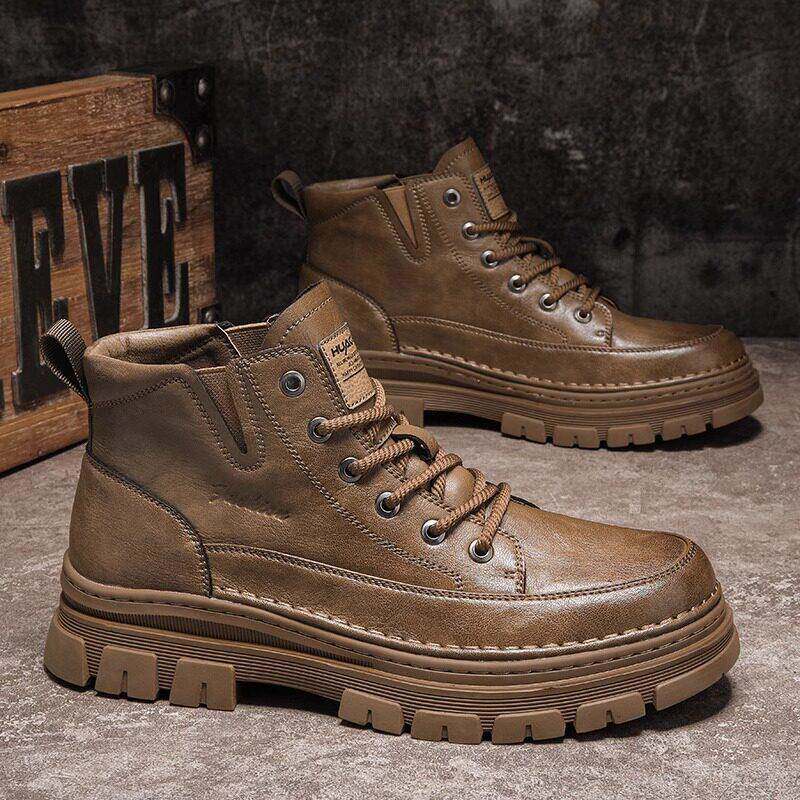 马丁靴男冬季高筒覆古休闲 皮靴男士真皮厚底百搭中筒黑色工装短