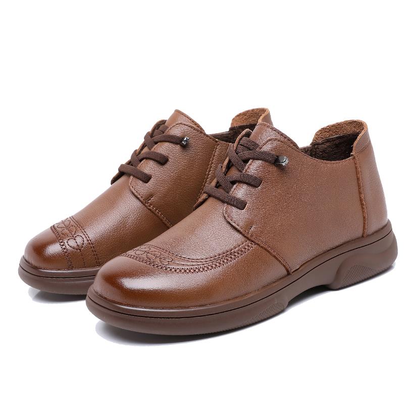 高档真皮妈妈鞋低跟底棉鞋中老鞋子款秋冬老人年皮鞋女软舒适防滑