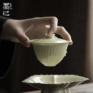 宝盖碗功夫茶具仿宋陶瓷泡茶碗家用文人器肌理感盖碗 墨己绿釉元