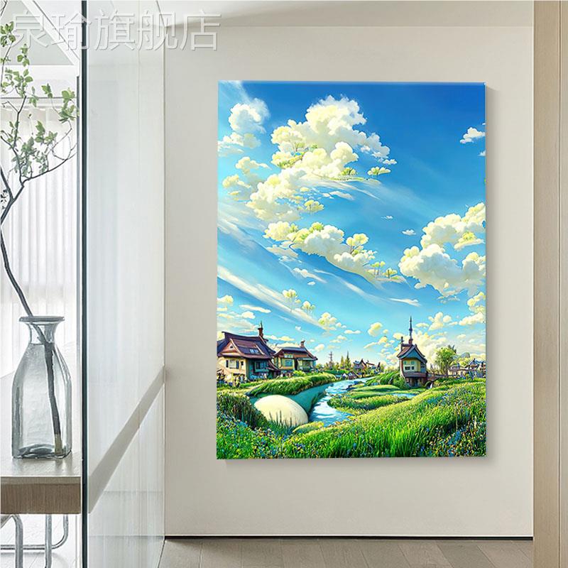 网红宫崎骏治愈大系厅饰画天绘田园客风景纯夏手油装画芬村儿童房