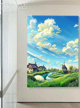 网红宫崎骏治愈大系厅饰画天绘田园客风景纯夏手油装画芬村儿童房