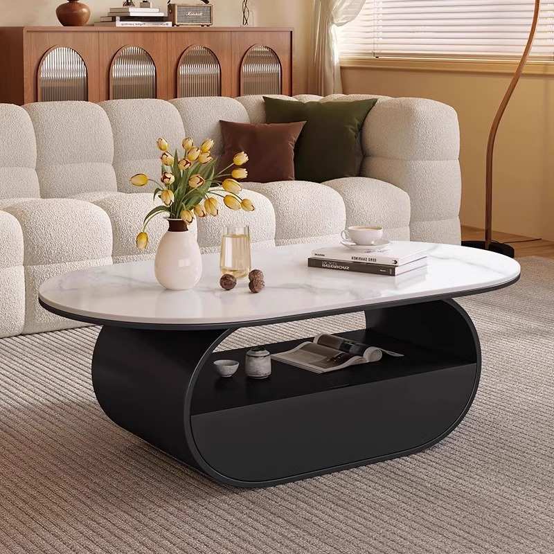 法式椭圆形茶几客厅家用小户型简约现代设计师岩板茶桌轻奢高级感