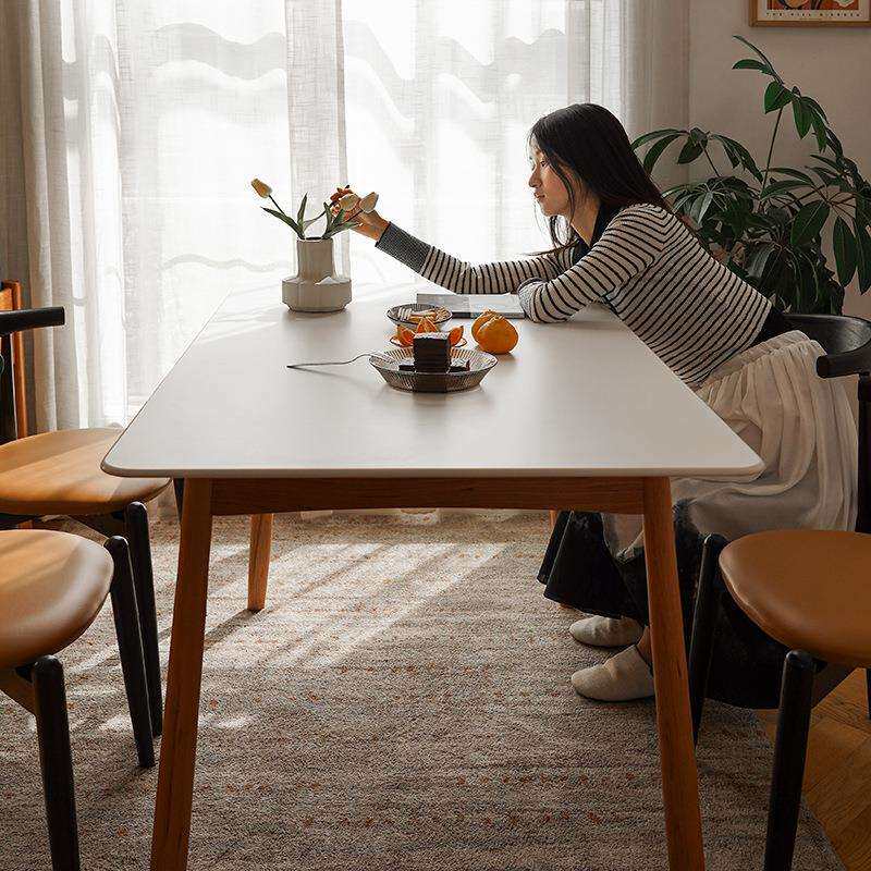 北美全实木岩板餐桌北欧家用小户型简约纯白黑色大理石樱桃木饭桌