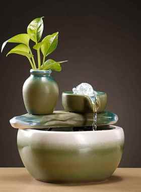 财源滚滚小型流水摆件循环水生财陶瓷桌面装饰客厅玄关古法鱼缸