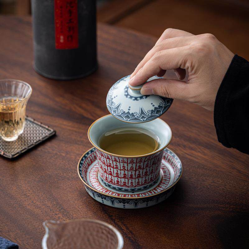 天青花汝窑青千盖碗月白陶瓷盖大号单个三才泡佛茶碗汝窑千佛汝瓷