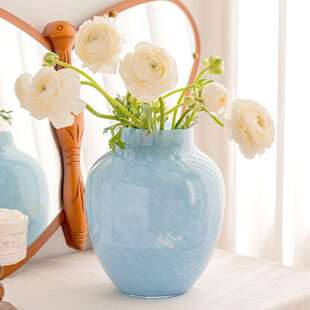 粉色手工琉璃中古玻璃花瓶鲜花郁金香圆桶花器高颜值插花客厅装 饰