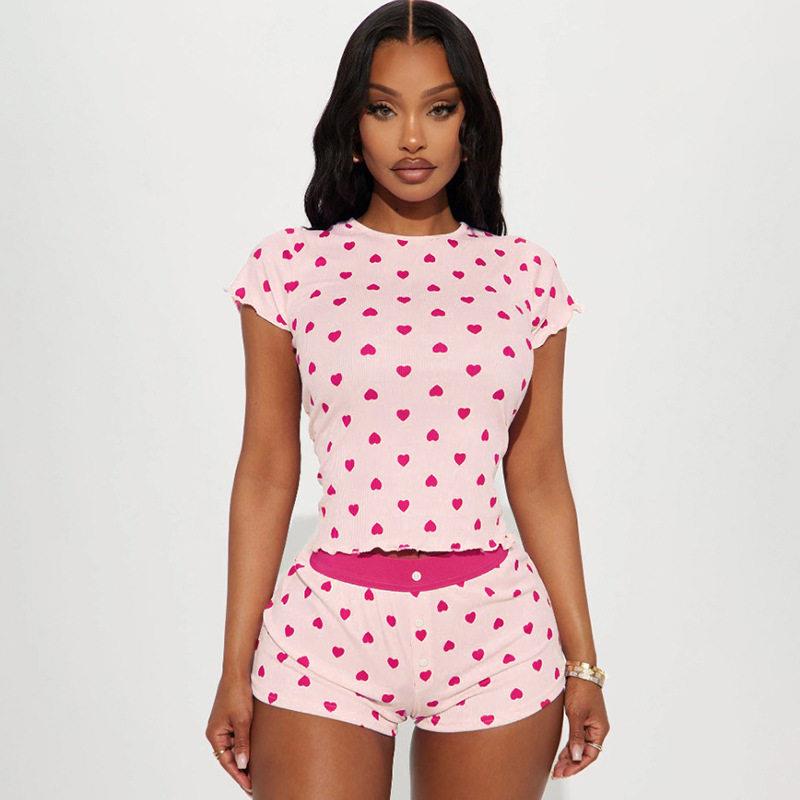 Heart Print Color Block Slim Fit Short Sleeve Shorts Set