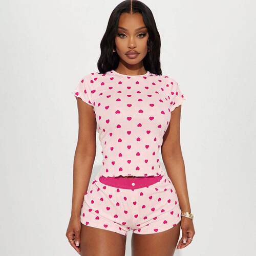 Heart Print Color Block Slim Fit Short Sleeve Shorts Set
