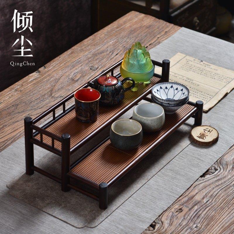 席面谈笑深色 双层阶梯杯架 老楠壶架 榫卯茶具收纳层架 简约茶杯