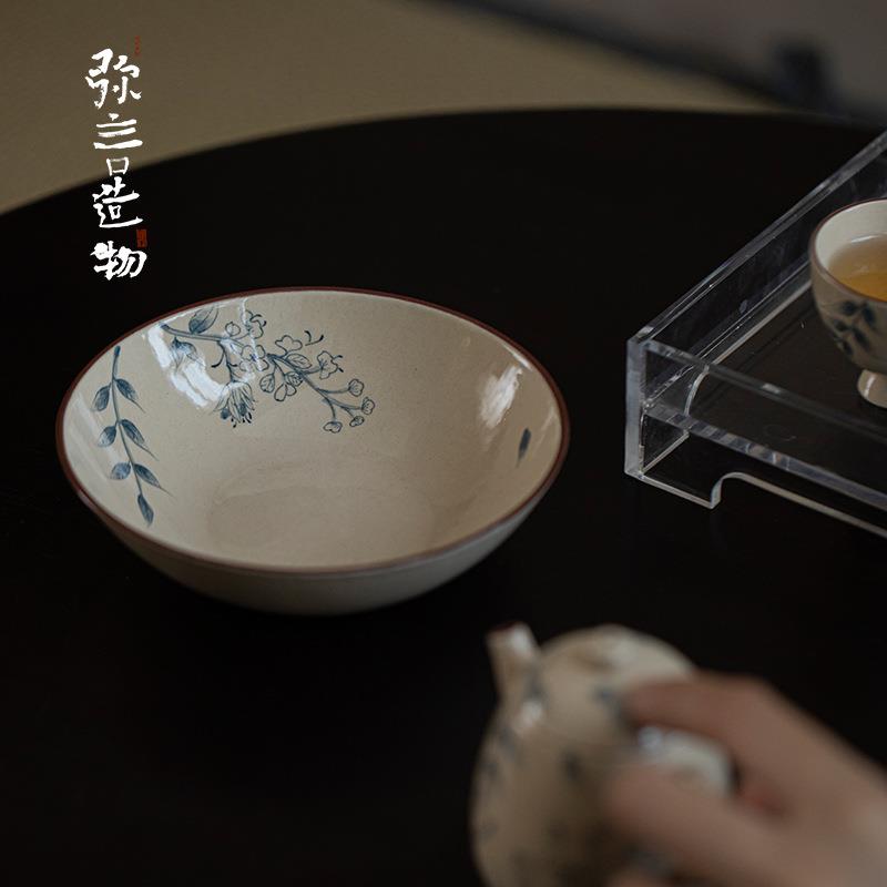 粉引青花纯手绘壶承家用茶壶盖碗蓄水茶盘日式小型干泡盘粗陶