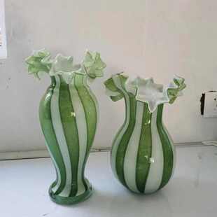 手工制作琉璃花瓶中古风苔绿奶油白六条纹芬顿美人瓶插花玻璃花器
