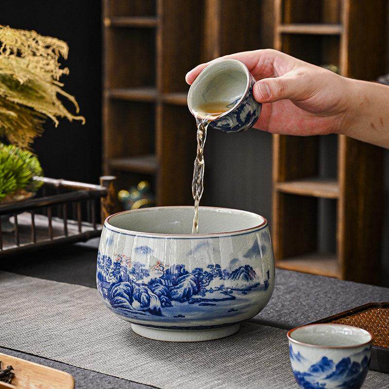 老陶泥青花茶渣缸茶洗家用陶瓷水盂杯洗建水茶渣缸功夫茶具配件
