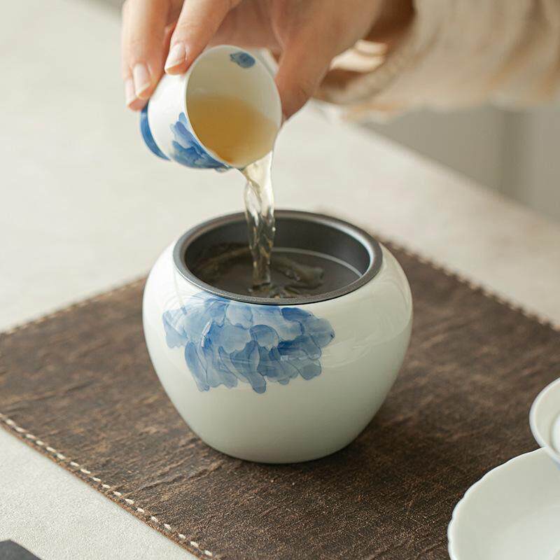 高颜值釉下彩手绘兰牡丹建水茶洗有盖茶台桌面湿垃圾桶小号茶渣缸