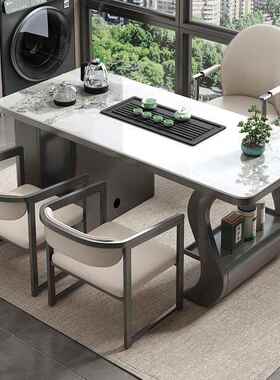 轻JLM奢简约现岩板茶茶桌代椅组合阳台烧水壶一体办石公室板小茶