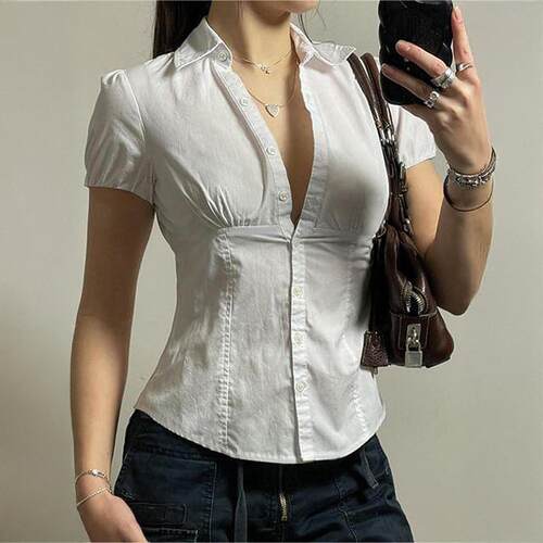 Women'S Plain Puff Sleeve Button Front Shirt Blouse Casual