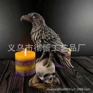 摆件装 skull乌鸦头盖骨雕塑哥特式 饰树脂工艺品 Raven 跨境新品