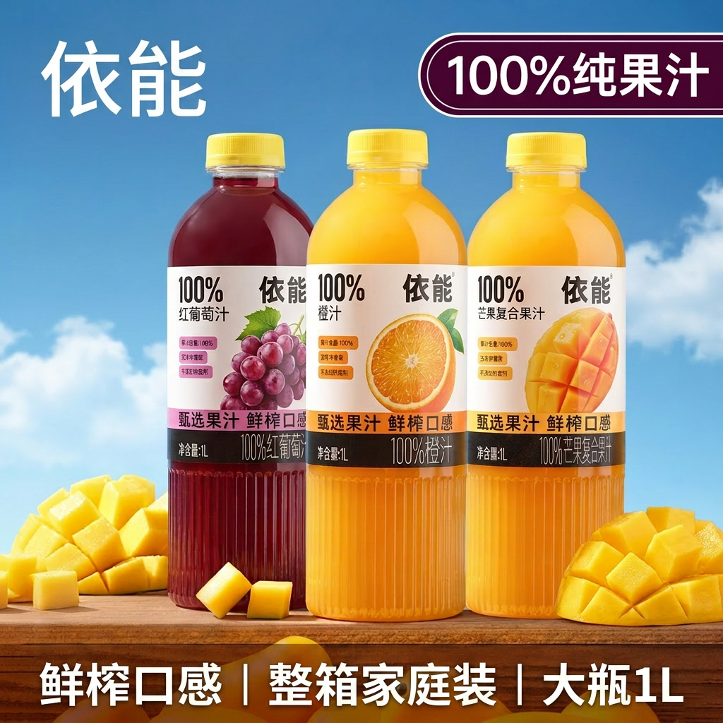 依能100%果汁饮料1L橙汁芒果汁红葡萄汁整箱装纯果汁大瓶家庭装