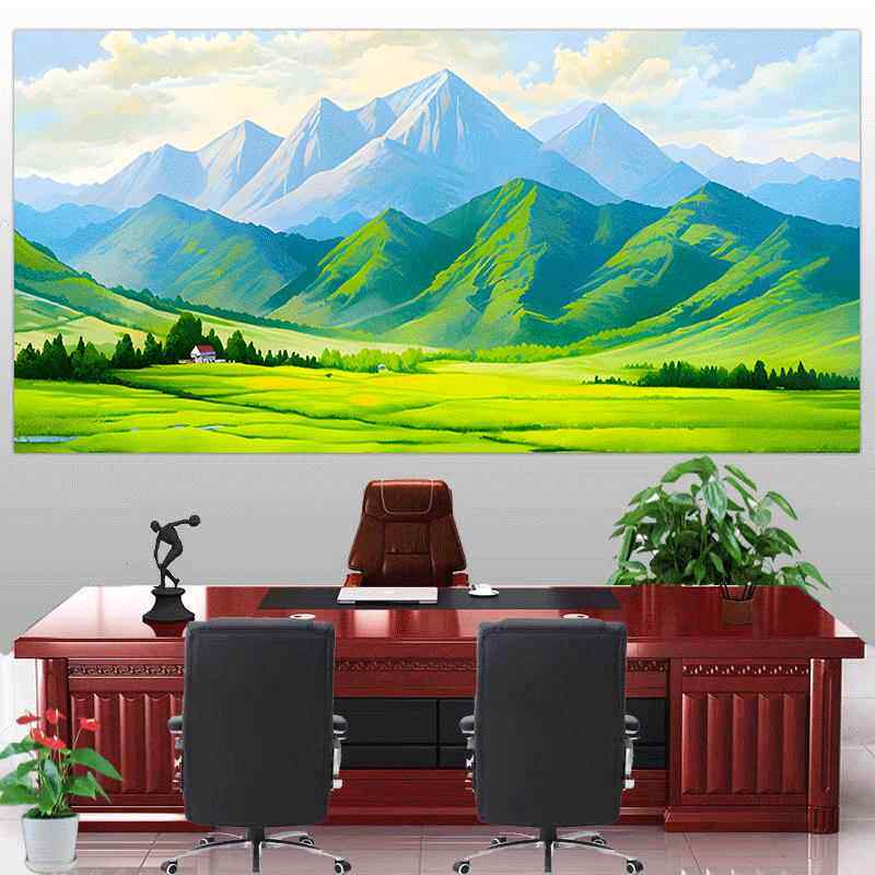 青山图办公室书房背有靠山挂画高考励志步步高升风水画大气自粘画