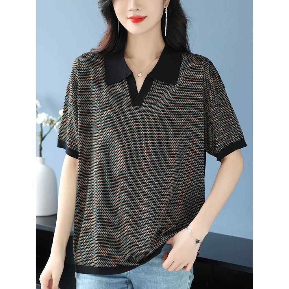 中年母亲夏季翻领冰丝上衣薄桑蚕丝短袖t恤女士宽松大码针织t恤