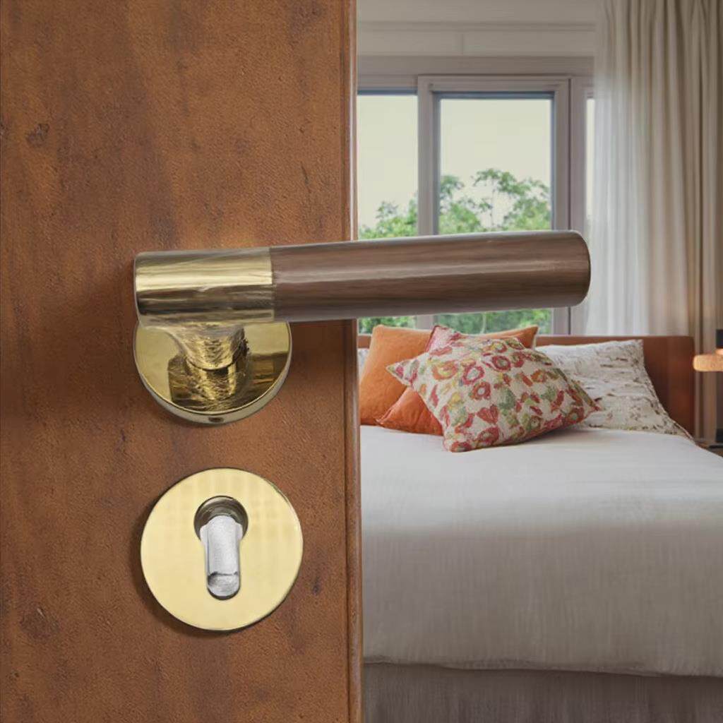 现货跨境货源锌合金分体式木手柄黑色金色门把手拉手门窗五金配件