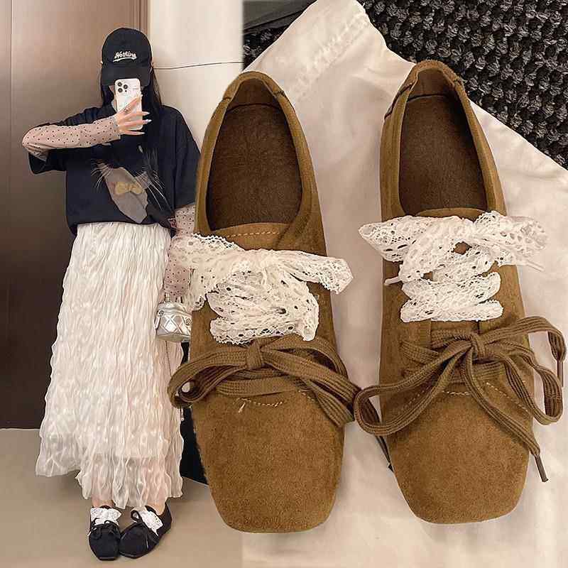 春季法式芭蕾风方头鞋女2026新款蕾丝系带休闲德训平底小皮0121n,女鞋,浅口单鞋,淘宝优惠券,粉丝福利购,淘宝优惠卷
