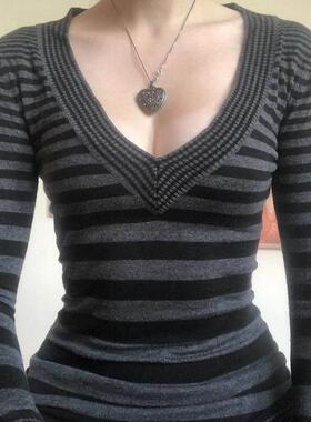 Y2K Grunge Emo 00s Vintage T Shirt Black Grey Striped V Neck
