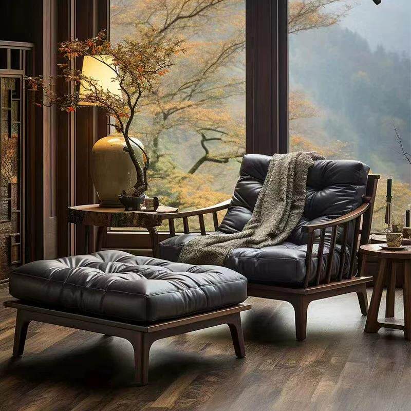 新中式单人沙发椅客厅北美黑胡桃木真皮休闲 椅设计师款实木躺椅