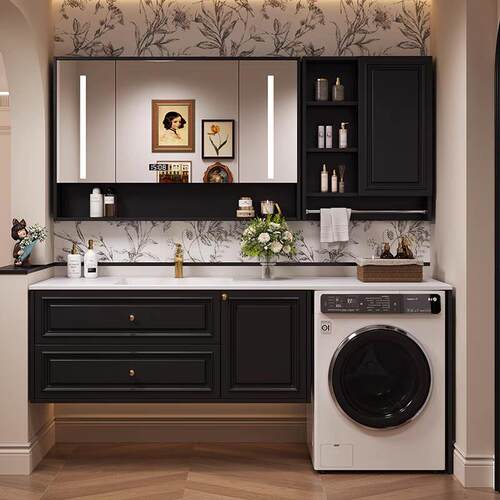 法式中古风浴室柜洗衣机一体组合实木岩板无缝盆洗漱台洗手洗脸盆