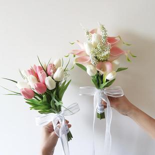 ins韩式 饰 郁金香马蹄莲领证手捧花粉色仿真花拍照道具婚礼新娘装