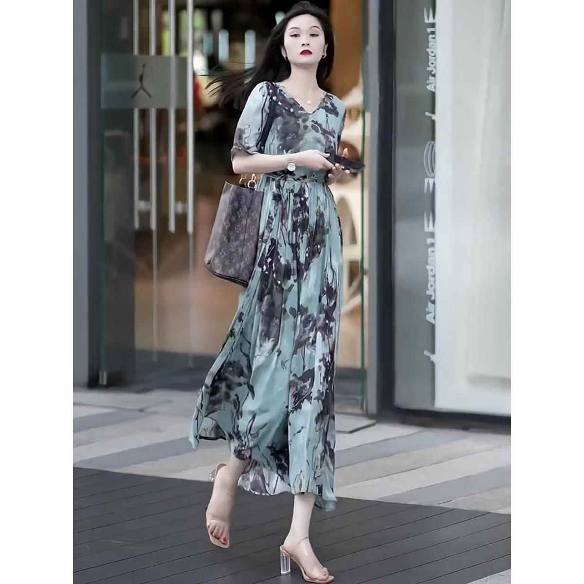 潮牌桑蚕丝洋装夏季2025高级感女装新款宽松长版短袖气质真丝裙