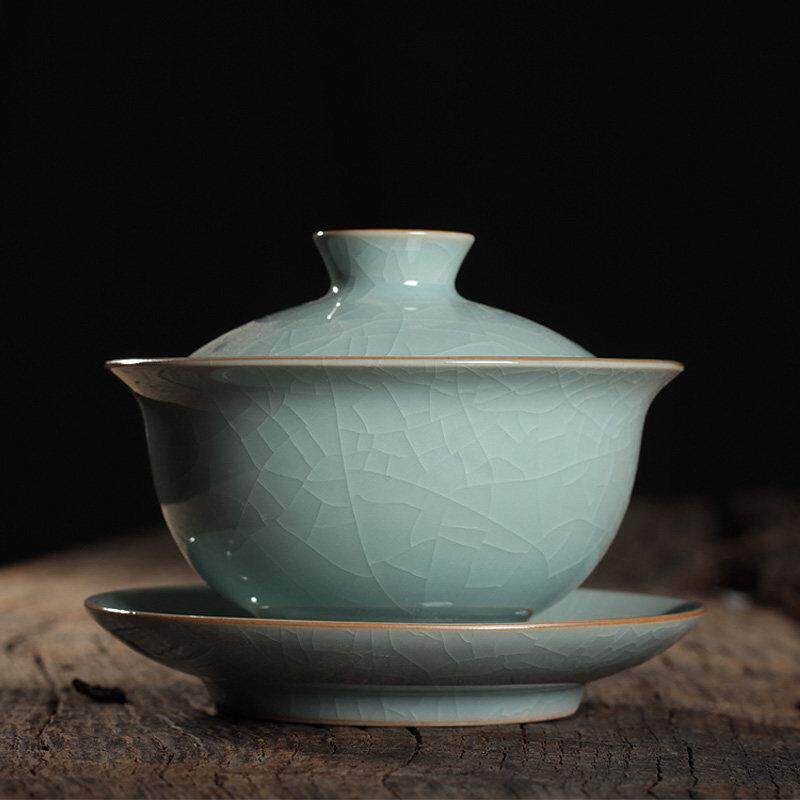 精品青瓷盖碗哥窑冰裂纹手工三才泡茶碗杯陶瓷大号敬茶碗功夫茶具