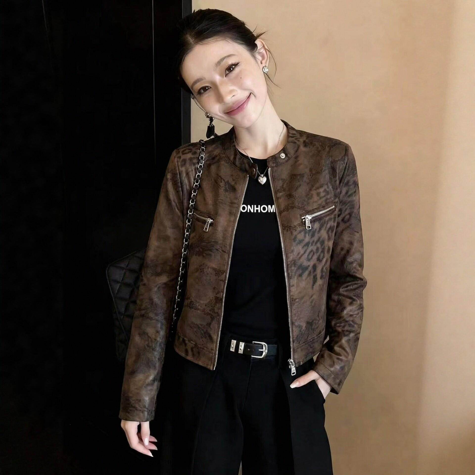 美式麂皮绒豹纹短外套女春秋新款洋气立领机车服显瘦复古夹克上衣