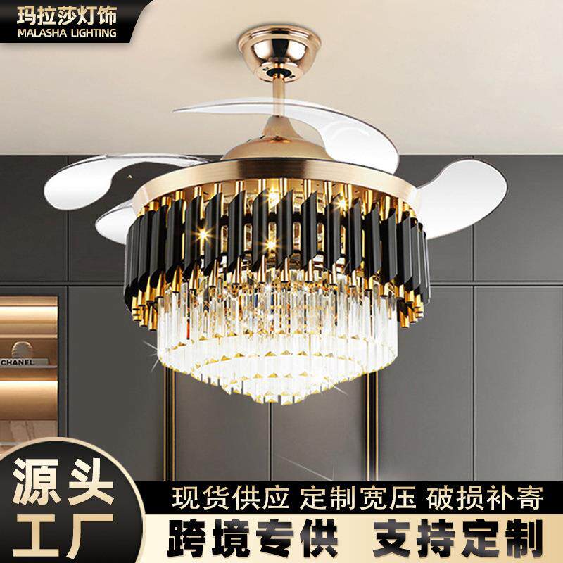 欧式隐形水晶风扇灯轻奢卧室餐厅水晶吊灯美式复古客厅吊扇灯