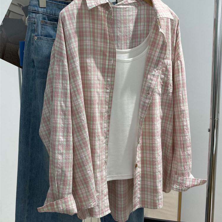粉色格子衬衫女宽松叠穿慵懒风长袖防晒衬衫夏季薄款上衣
