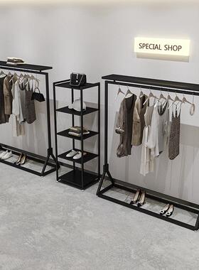 服装店落地展示架简约黑色靠墙带板置物衣服陈列架组合女装挂衣架