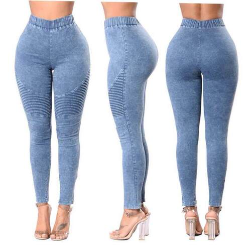 Ladies elastic slim jeans pants women high waist trousers裤