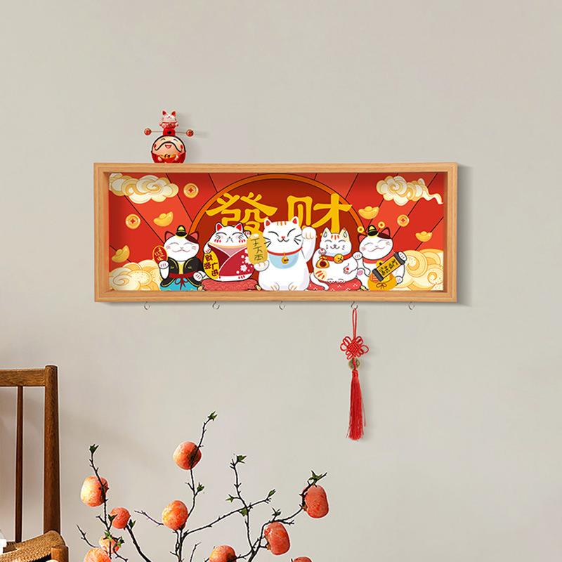 春节招财猫装饰画带挂钩玄关喜庆中国风进门墙面壁挂画油画萌猫