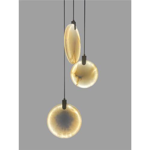 复式楼梯间吊灯旋转长线灯全铜云石圆片轻奢别墅挑高大客厅灯玻璃