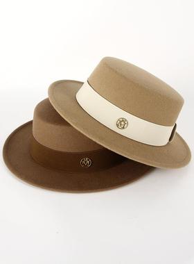 赫本风帽子女英伦复古M标白色平顶礼帽春秋季大檐黑色渔夫帽0120r