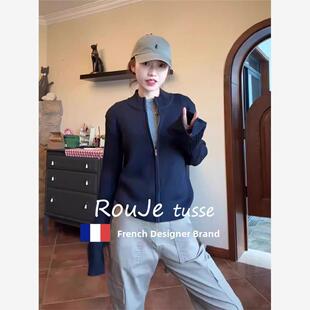 妇女春秋季 海军蓝针织外 Tusse立领拉炼羊毛毛衣开襟羊毛衫 Rouje