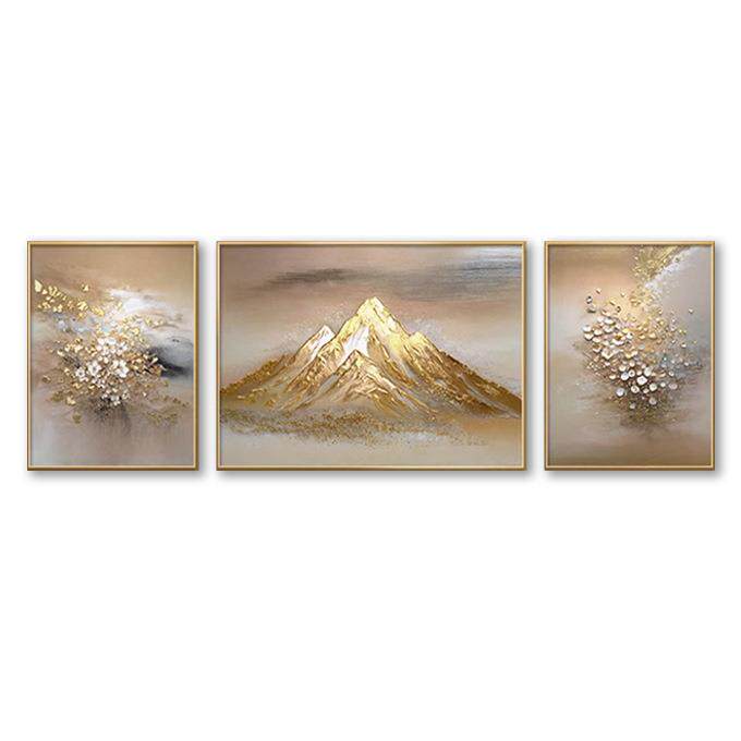 轻奢温馨纯手绘日照金山新年温馨客厅装饰画三联挂画油画