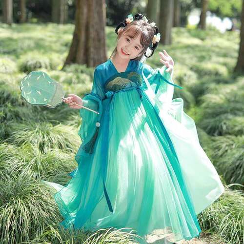 女童汉服新款夏季儿童国风古风超仙公主连身裙绿色唐装古装演出服