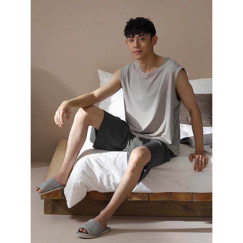2025新款睡衣男款夏季冰丝莫代尔薄款无袖背心坎肩宽松家居服套装