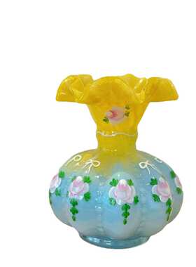 现代简约黄蓝系手绘芬顿花瓶 手工制作玻璃花器风格装饰花瓶
