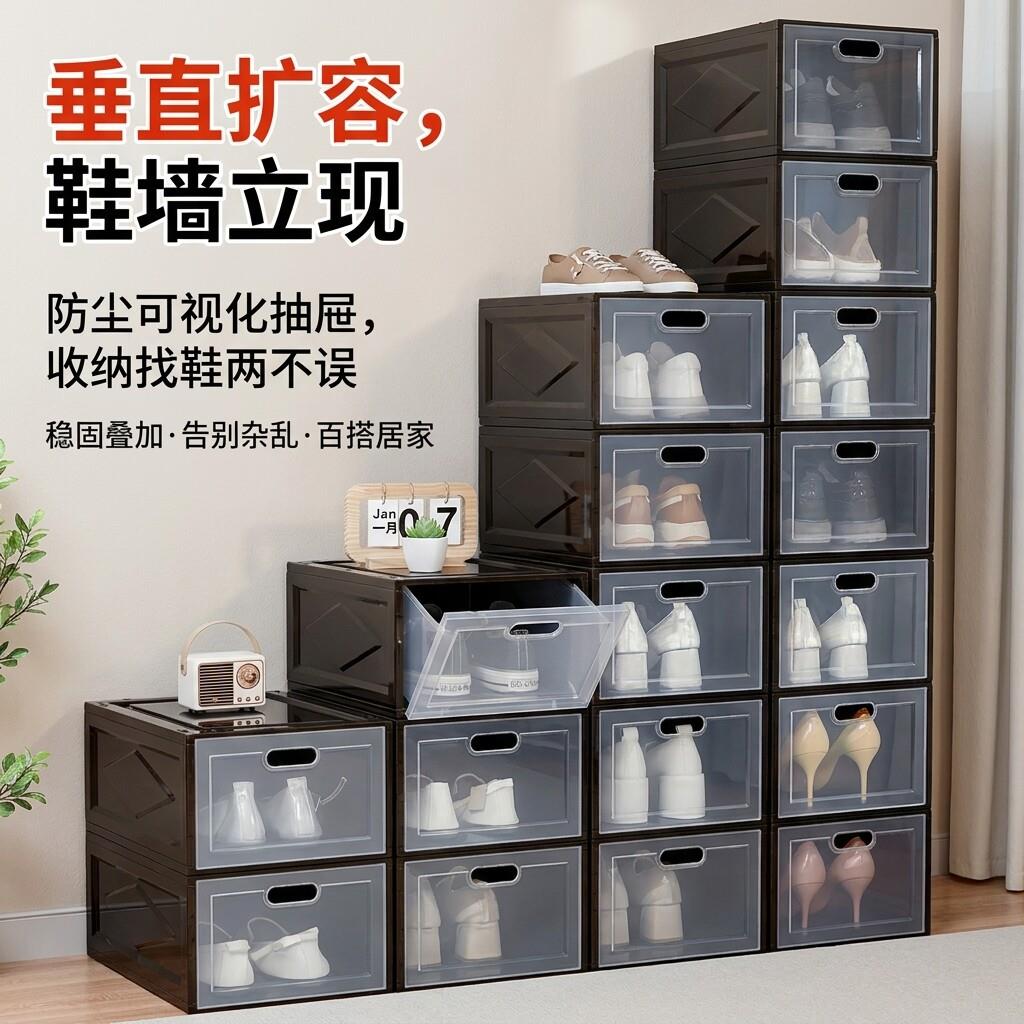 鞋盒不占空间可叠加宿舍家用抽屉式硬塑料防尘收纳盒简易透明空盒图片