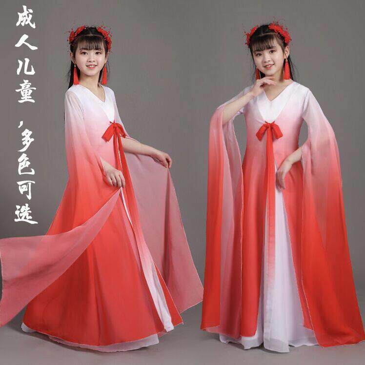 女童超仙汉服中国风女中大童古筝演出服仙女气质飘逸钢琴长裙礼服