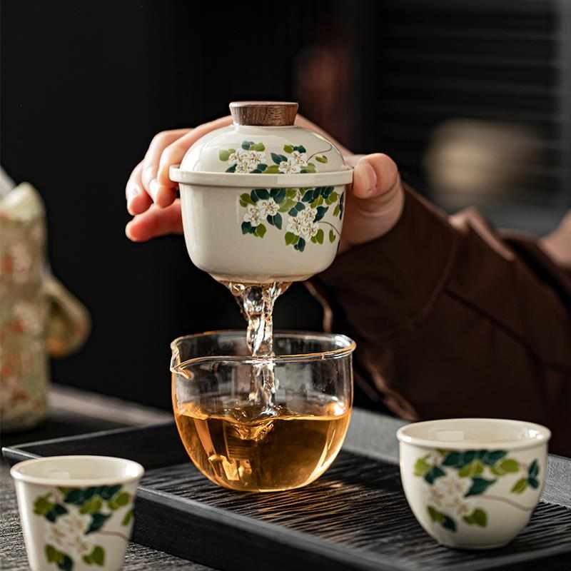 草木灰国风套装收纳便携式快客杯玻璃陶瓷一壶二杯小套装