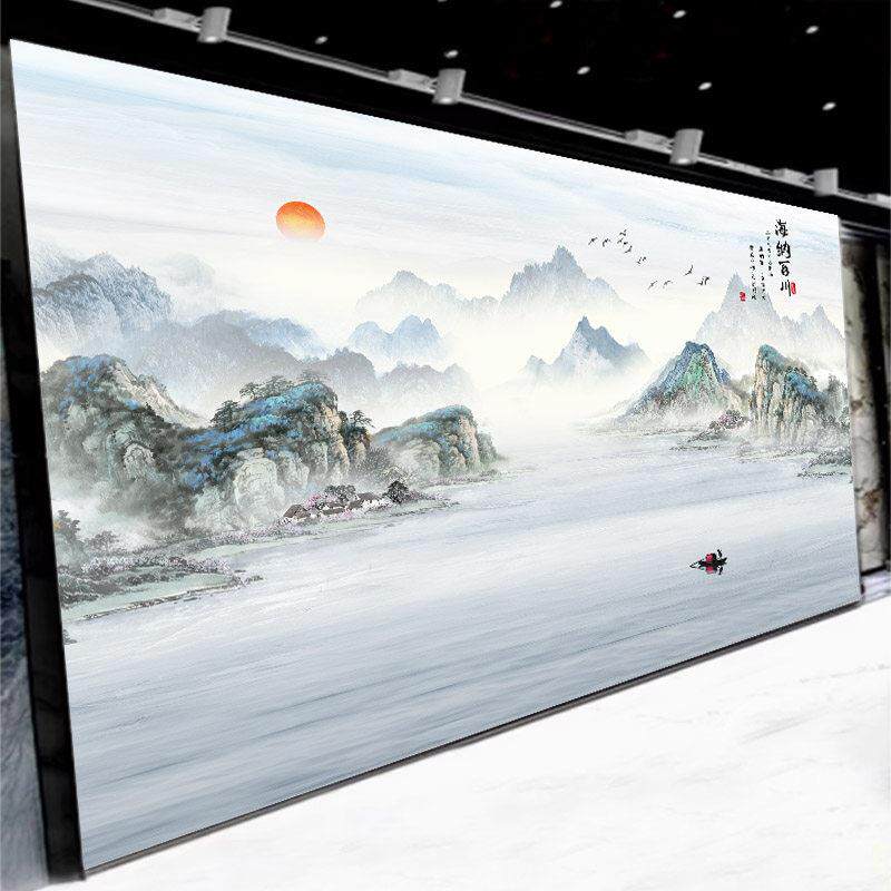 新中式竹木纤维电视背景墙集成墙板水墨山水画 画碳晶板影视墙护